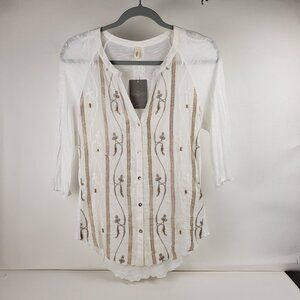 Anthropologie Sz S Women Silk Cotton White Brown Beaded Embroidery Boho